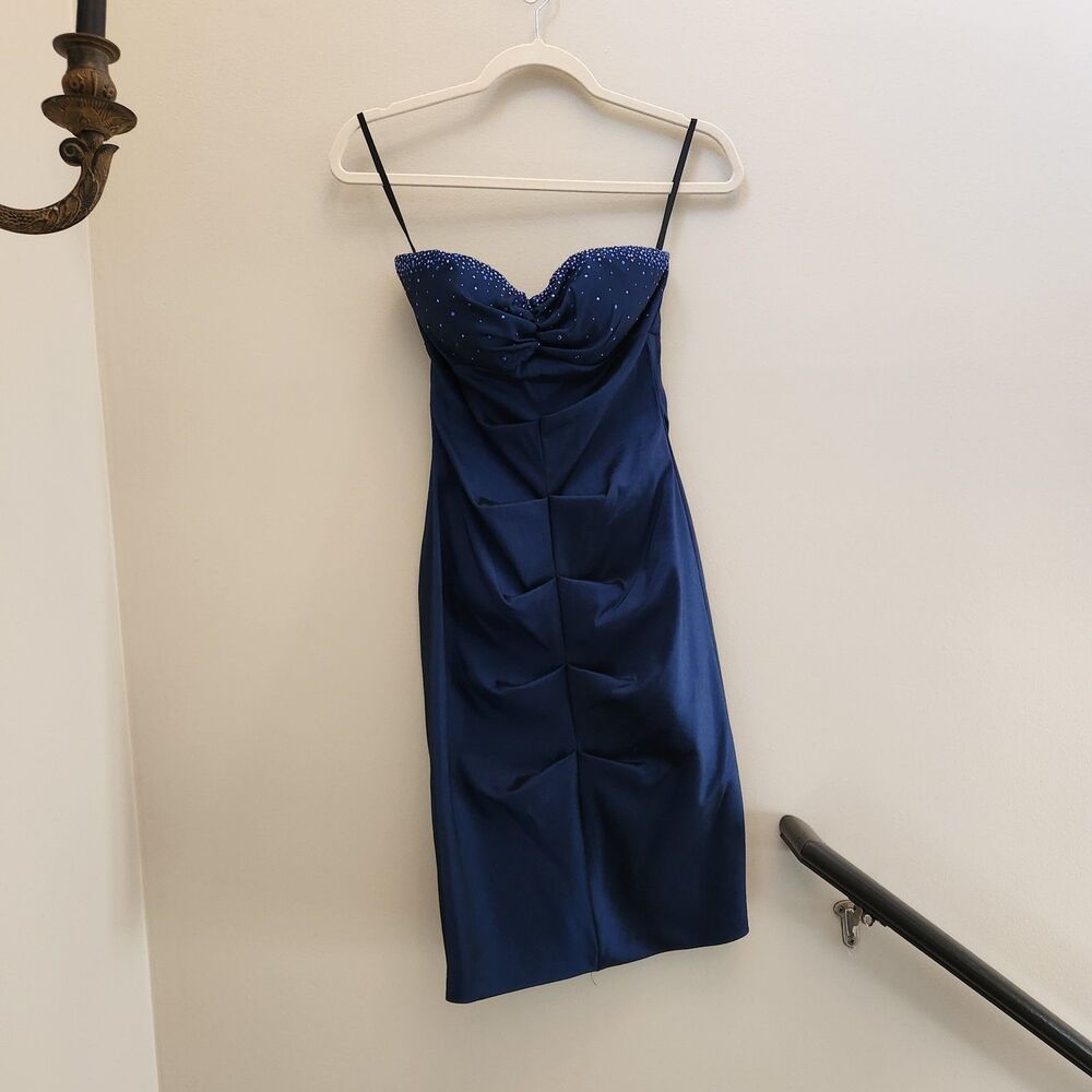 Vtg Y2k Xscape Joanna Chen Womens Blue Rhinestone Strapless Bodycon Dress Formal
